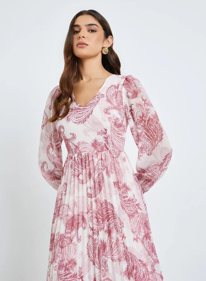 ستايلي فستان طويل نسائي مطبوع بأكمام منفوخة وحافة واسعة